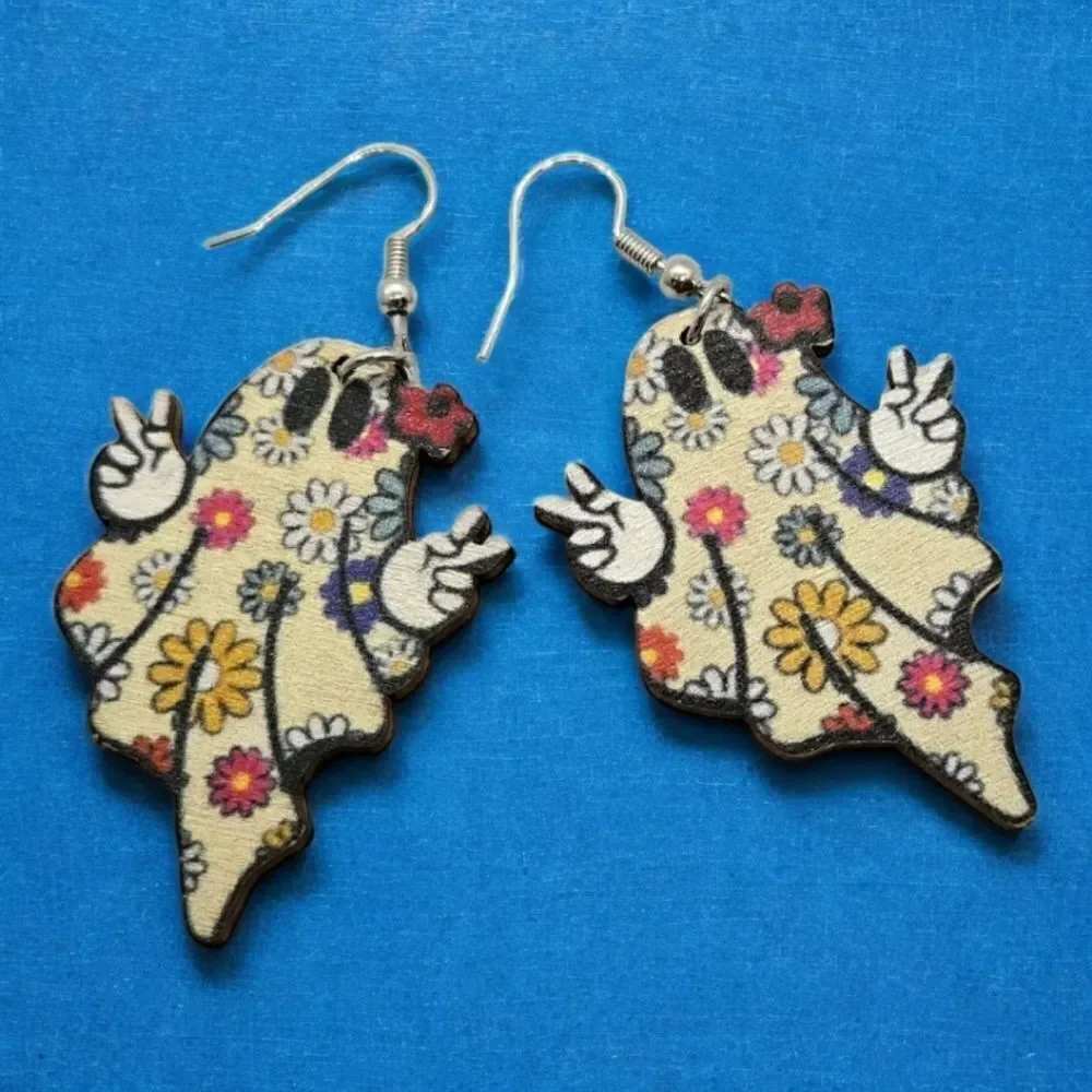 Ghost Peace Earrings Cute Spooky Halloween Jewelry Wooden Dangle Hippie Gothic
